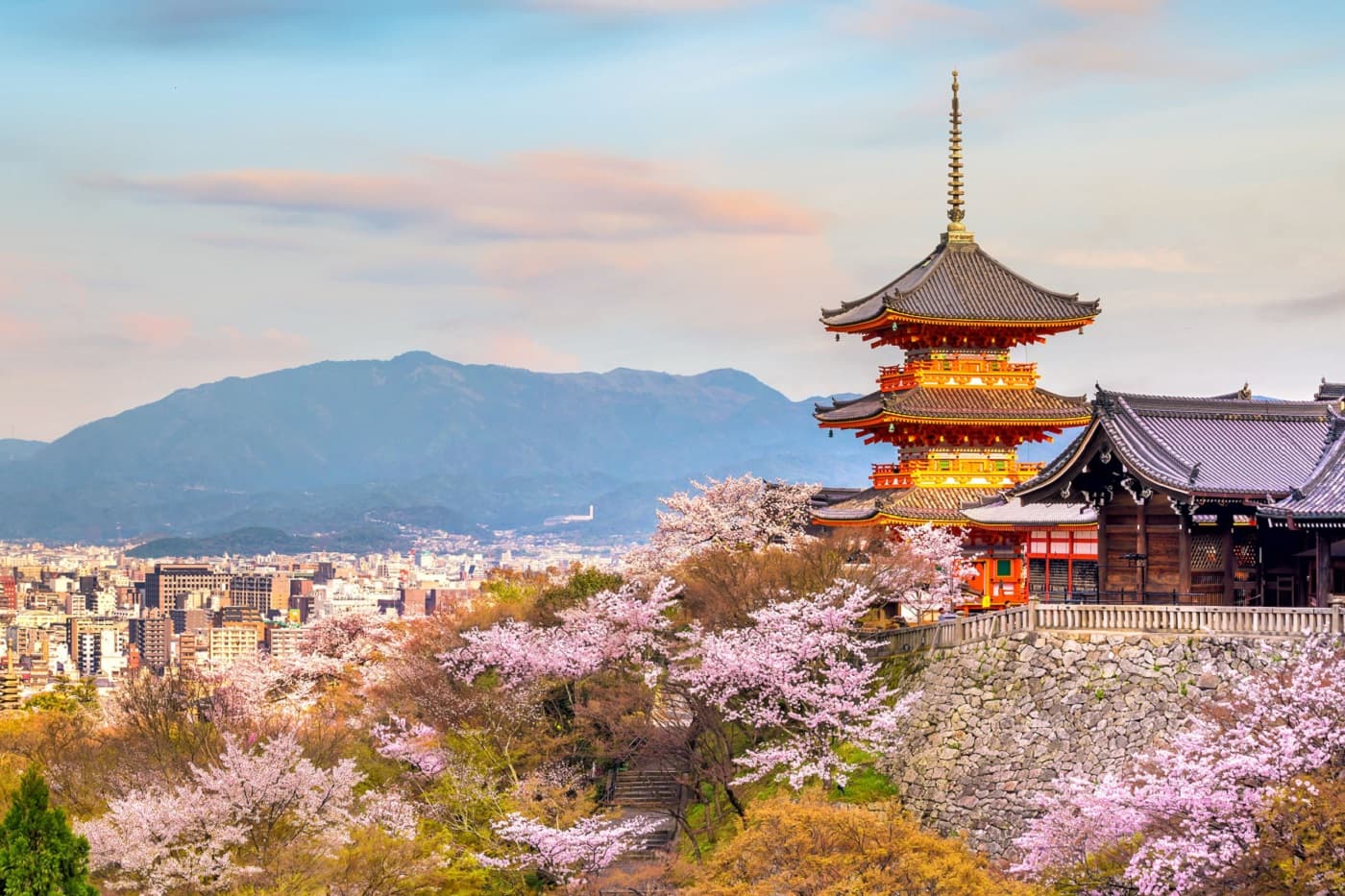 Historic Japanese pagoda and temple, surrounded by pink cherry blossoms, with a city skyline.