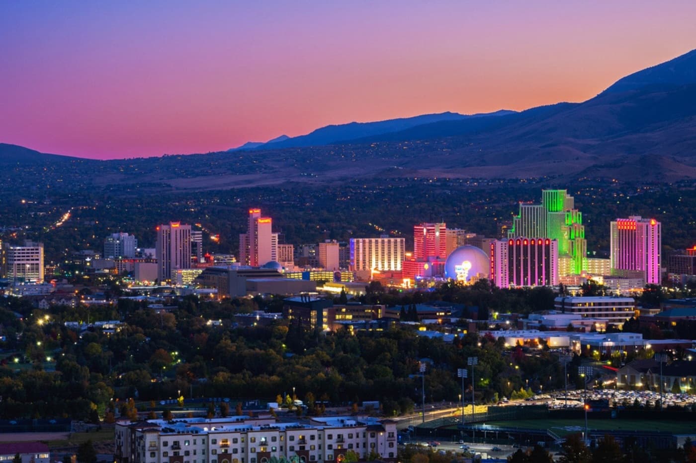 Reno Skyline at Sunset with Mountain in Background