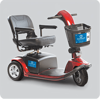 Sleek red three-wheel mobility scooter with a black seat and small front basket.