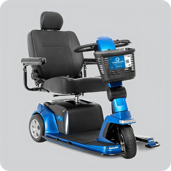 Blue 3-wheel mobility scooter with black seat and front basket, against a gray background.
