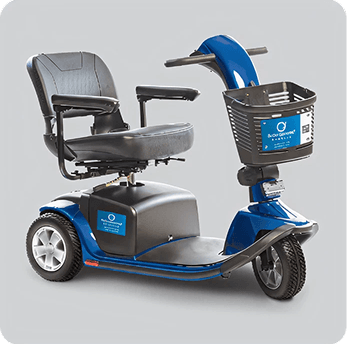 Blue 3-wheel mobility scooter with black seat, sturdy frame, and front basket.