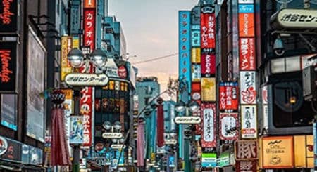 Vibrant Japanese city street, packed with brightly lit neon signs on towering buildings.