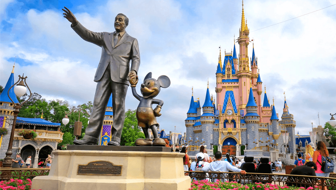 Walt Disney and Mickey Mouse 'Partners' statue with Cinderella Castle in background.